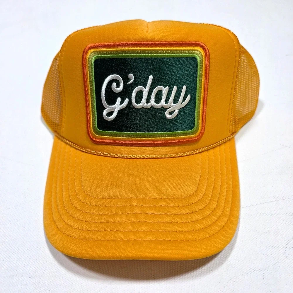 Port Sandz Trucker Hat Unisex OSFM Gold G'day Patch Snapback Mesh Surf Cap
